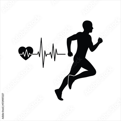 Silhouette of a runner with a heartbeat line and heart symbol representing health and fitness