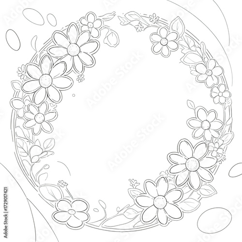 Simple Floral Wreath Outline with Flowers and Leaves for Coloring or Design