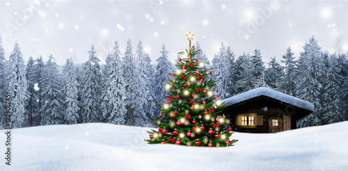 Winterliche Weihnachtsstimmung mit Schnee und Weihnachtsbaum