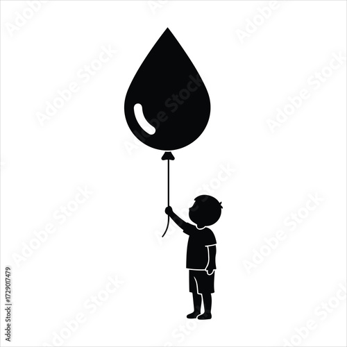Silhouette child holding black water drop balloon symbolizing purity childhood dreams and innocence