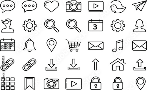 Black and white UI icons, vector interface symbols, communication tools, outline pack, scalable set, app elements, digital design assets