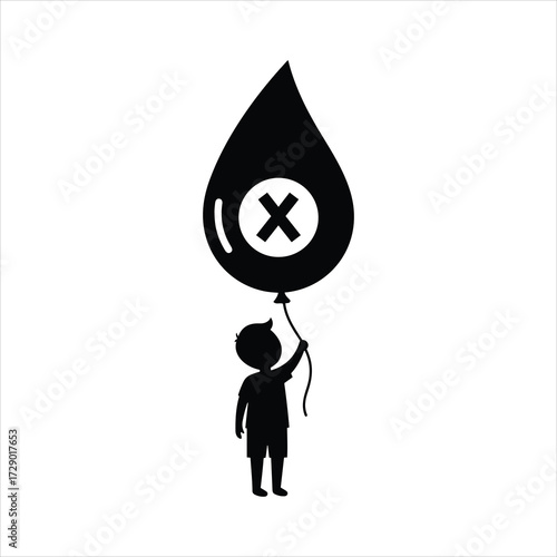 Silhouette child holding balloon shaped like ink drop with cross symbol