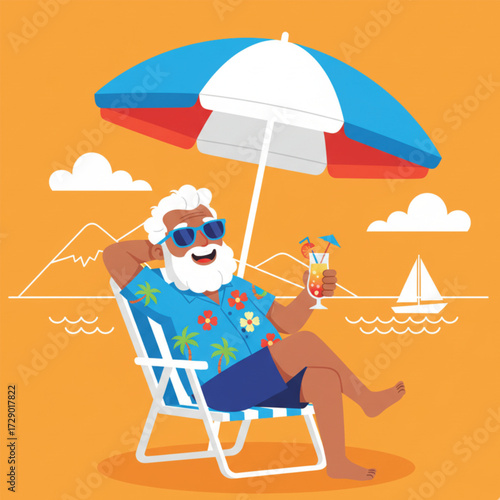 cartoon vector of an old man on vacation at a beach
