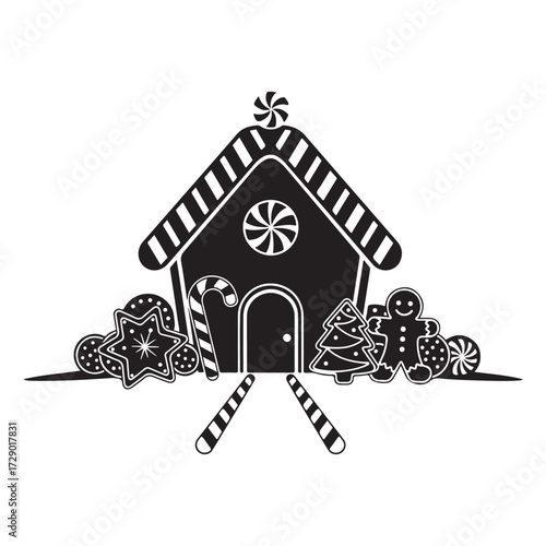 Gingerbread House with Cookies and Gingerbread Men Silhouette Vector Illustration