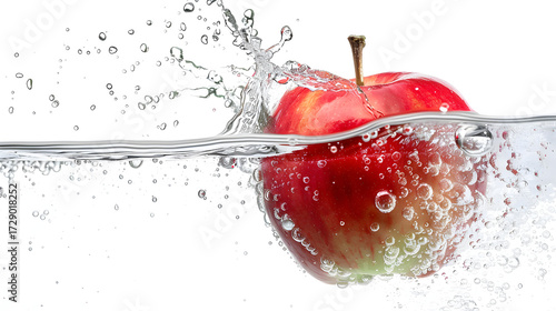 Bright red apple splashing into clear water creating dynamic splash and bubbles against white background