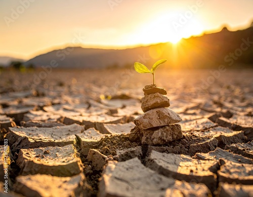 Resilient Sprout Emerging from Dry Cracked Earth at Sunset