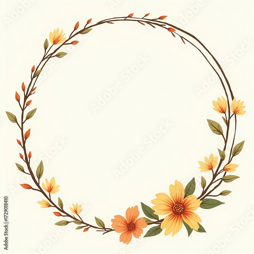 Floral Wreath Frame with Yellow and Orange Flowers and Green Leaves for Invitations and Decor