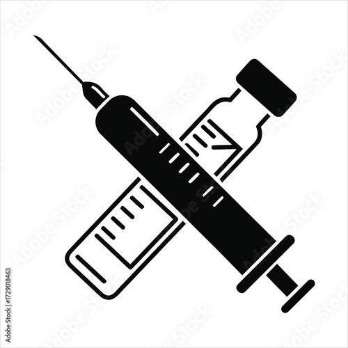 Medical syringe and vaccine vial crossed symbol for healthcare and pharmaceutical research icons