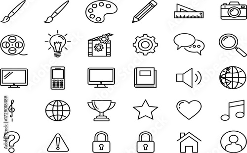 Creative icon set, black and white symbols, digital interface elements, educational tools, vector design, minimal style, UI UX assets