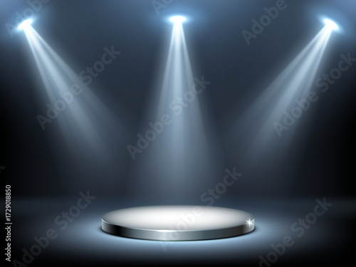 Round podium stage in spotlights rays, realistic