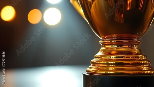Close-up of a golden trophy with polished metal reflecting warm spotlight, standing out against darkness.
