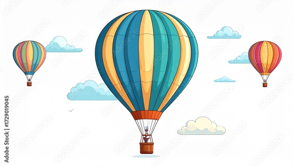 Fototapeta premium A vector drawing of a hot air balloon flying with clouds flat colorful style isolated on white background 