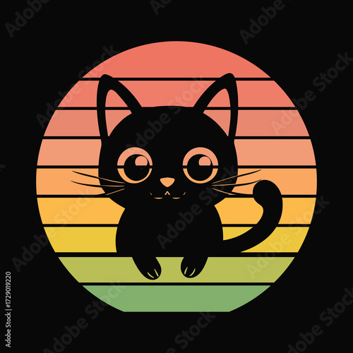 Cute Black Cat Peeking Sunset Vintage Retro Cat Lover