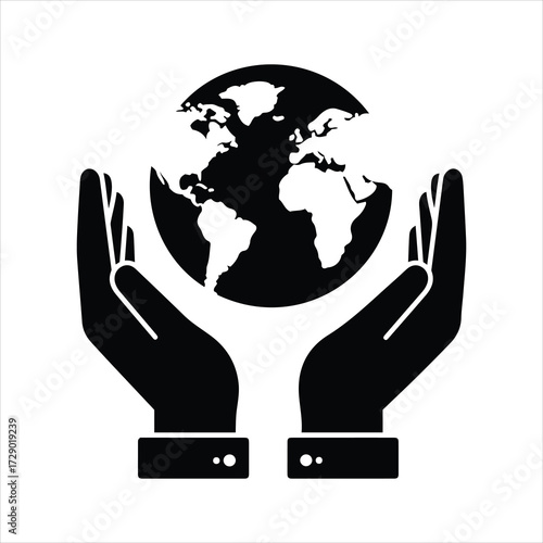 Two hands gently cupping a detailed silhouette of the earth globe symbolizing care and protection