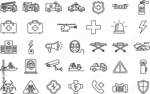 Emergency icons, safety symbols, rescue vector set, medical graphics, law enforcement tools, black and white, minimal design, hazard elements, alert illustrations, public service