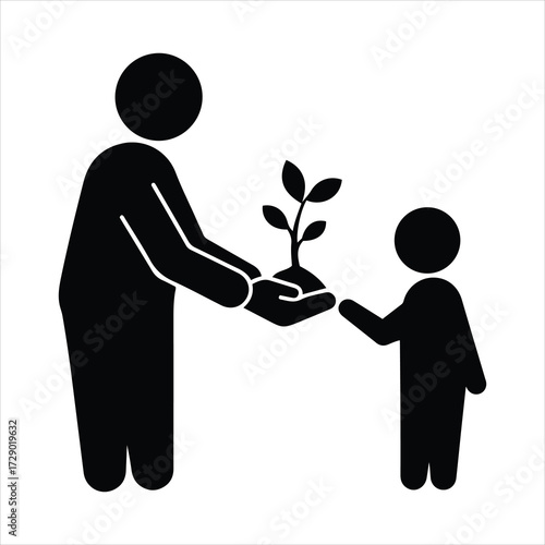 Adult hands giving tiny plant seedling to child silhouette symbolizing growth and future