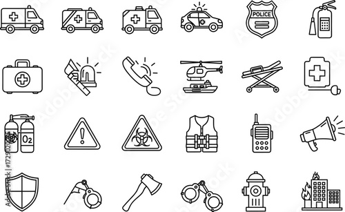Emergency, safety, rescue, medical, ambulance, fire truck, police, paramedic, icons, vector, silhouette, alert, equipment, hospital, helicopter, fire hydrant, warning sign, biohazard, whistle, shield