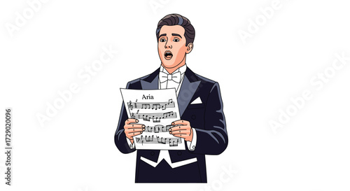 Elegant Opera Singer Performing an Aria, Dressed in a Classic Tuxedo, Holding Sheet Music and Delivering a Powerful Vocal Performance on Stage