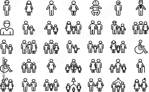 Family icons, black and white vector, inclusive relationship symbols, diverse parenting silhouettes, outline pack, scalable set, UI elements, social assets