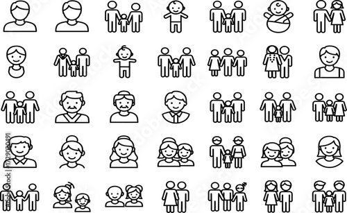 Family icons, black and white vector, inclusive relationship symbols, parenting silhouettes, outline pack, scalable set, UI elements, social design assets