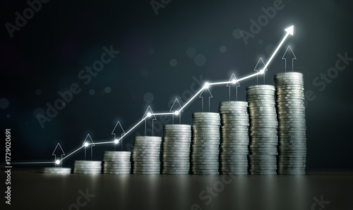 Stacks of coins with glowing rising arrow line, symbolizing financial growth, investment, profit, and economic success. Perfect for banking, finance, savings, and wealth management concepts.