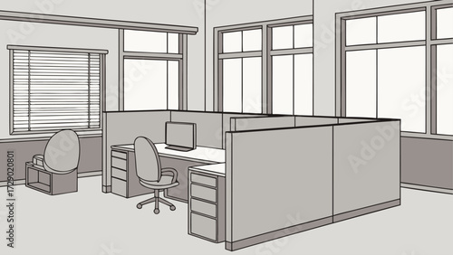 Illustration of a cubicle office space with desks chairs and windows and blinds in gray tones vector illustration