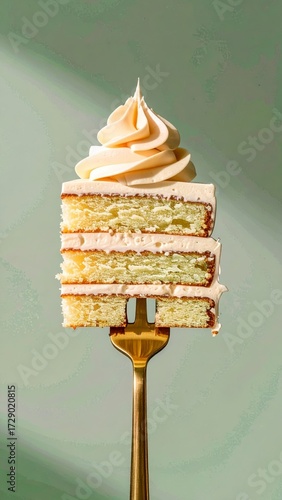 Layered bento cake featuring vibrant mango and passion fruit filling, topped with creamy pistachio frosting, elegantly presented on a golden fork against a soft green backdrop 