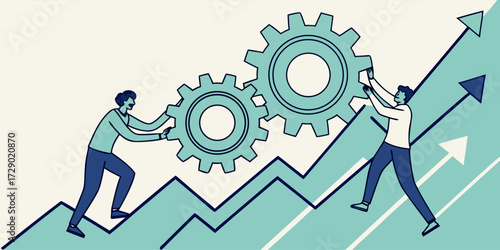 Two people pushing gears upwards on an ascending graph with arrowheads showing positive business growth vector illustration
