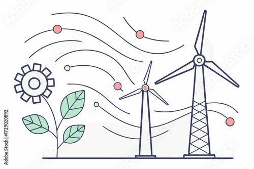 Wind turbines and a gear flower with leaves against a backdrop of wind and energy particles vector illustration