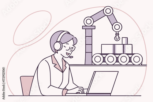 Woman with headset using laptop with robotic arm and conveyor belt in the background illustration vector illustration