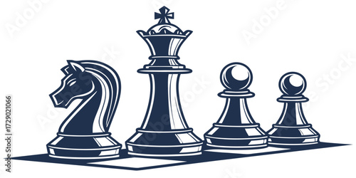 Illustration of a chess set featuring a knight queen and two pawns on a checkered surface design vector illustration