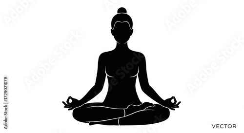 Silhouette of a woman in lotus position meditating with hands in mudra gesture on a white background