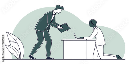 Illustration of a boss handing a document to an employee kneeling at a desk with a laptop computer at work vector illustration