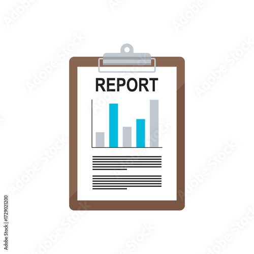 "Flat vector illustration of business report clipboard icon with bar graph chart and text lines representing analysis documentation and performance in brown circle background with long shadow style"