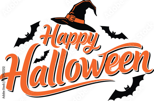 A festive 'Happy Halloween' greeting in orange script, adorned with a witch's hat and flying bat silhouettes.