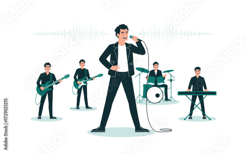 Live Band Performing with Singer, Guitars, Drums, and Keyboard Illustration Featuring a Music Waveform Background for Music Production and Creative Projects