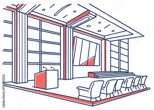 Illustration of a conference room with podium, chairs, and large windows, outlined in red and blue vector illustration