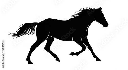 Silhouette of a horse running with flowing mane and tail in black against a white background showing movement
