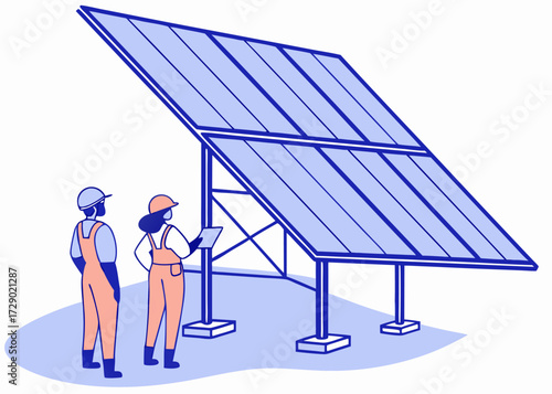 Two workers inspect a large solar panel installation with a clipboard and hard hats on a sunny day vector illustration