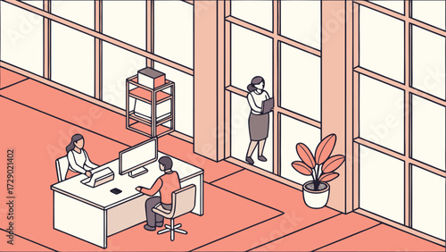Isometric office scene showing employees working at desks and near a window with a plant pot vector illustration
