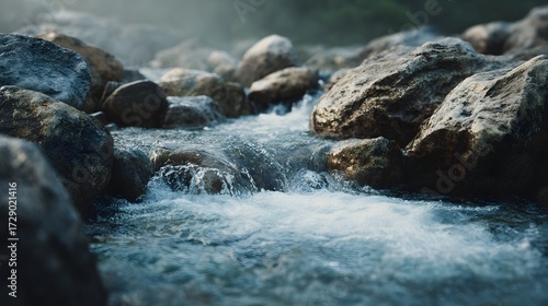 Natural mountain spring water flowing through rocks with soft morning light