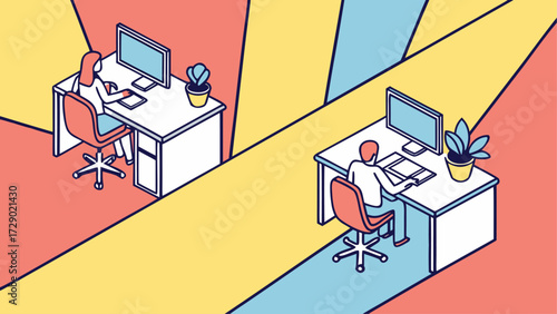 Isometric office scene showing two people working at desks with computers and plants in a colorful room vector illustration