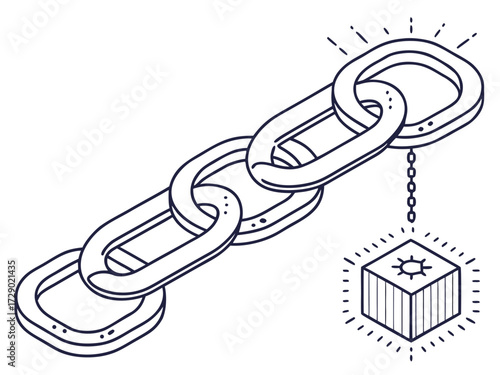 Illustration of a chain connected to a cube with radiating lines on a white background in black outline vector illustration