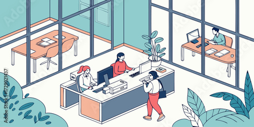 Isometric view of a modern office space with employees working at their desks and glass partitions vector illustration