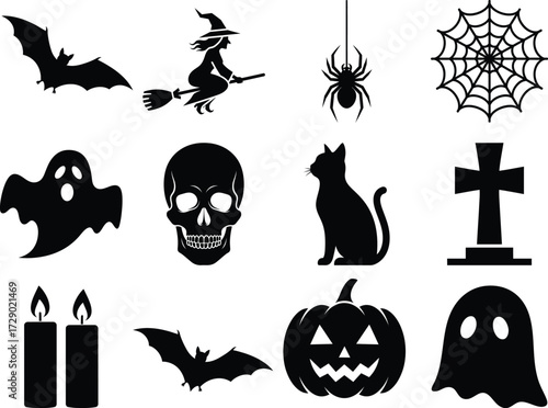 A collection of black Halloween icon silhouettes, including a witch, ghost, bat, pumpkin, and skull, isolated on a white background.