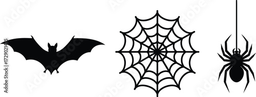 Set of black Halloween icons featuring a bat, a spiderweb, and a hanging spider on a white background.