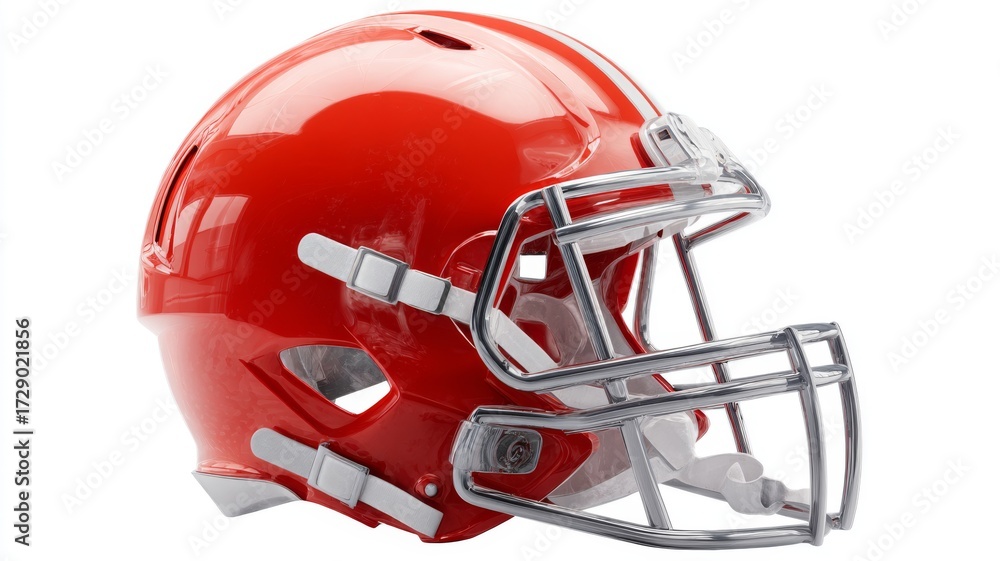 Fototapeta premium Classic red american football helmet front view isolated on transparent background for sports design, team logo, competition poster, fan merchandise, game equipment, and athletic safety gear concepts