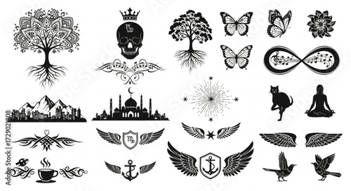 Collection of diverse black and white vector illustrations including nature, symbols, and silhouettes