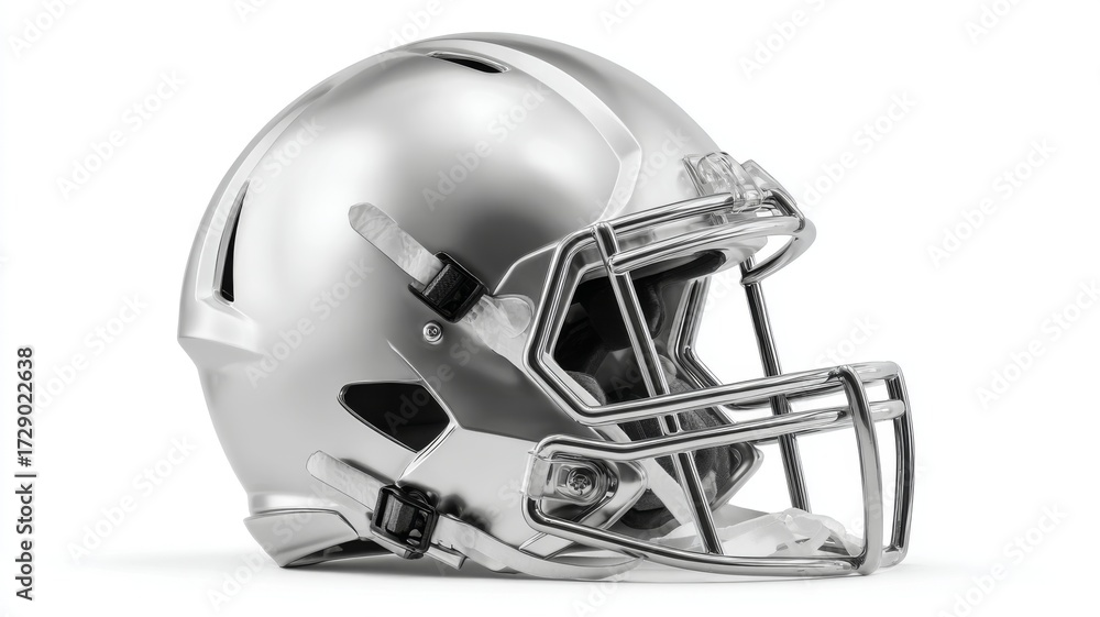 Fototapeta premium Close-up of a modern silver american football helmet on white background for sports design, team branding, fan merchandise, marketing visuals, and athletic safety equipment concepts
