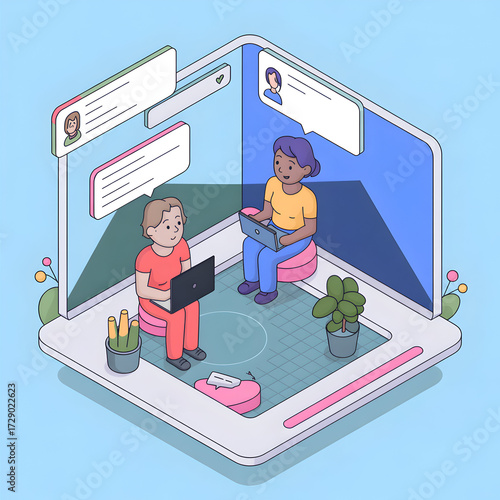 Two people in isometric view having an online therapy session on laptops with chat bubbles